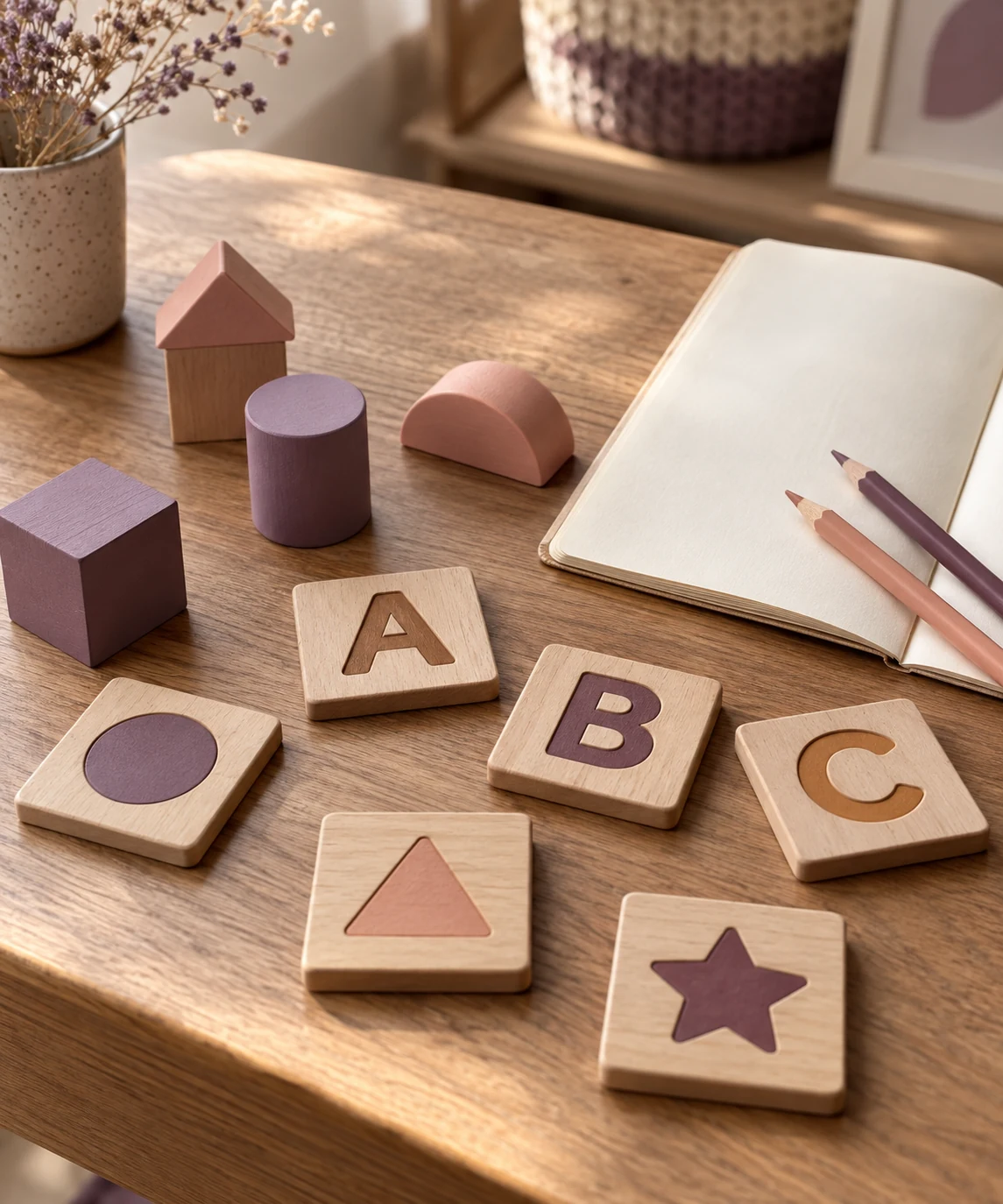 Piezas de madera, cuaderno y lápices para explorar el aprendizaje